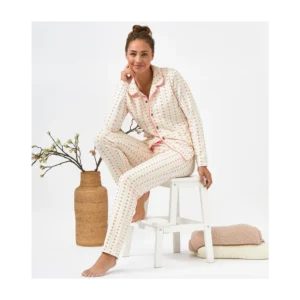 Women's Cotton Printed Night Suit – Pink Floral Pajama Set with Button Down Top
