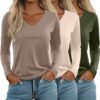 Ficerd 3 Pack Women's Long Sleeve T Shirts, V Neck Basic Tops Fall Casual Trendy Tees Loose Fit Soft Clothes Outfits