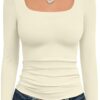 Trendy Queen Womens Long Sleeve Shirts Crop Tops Fall Fashion Solid Square Neck Going Out Basics Tees Y2k Clothes