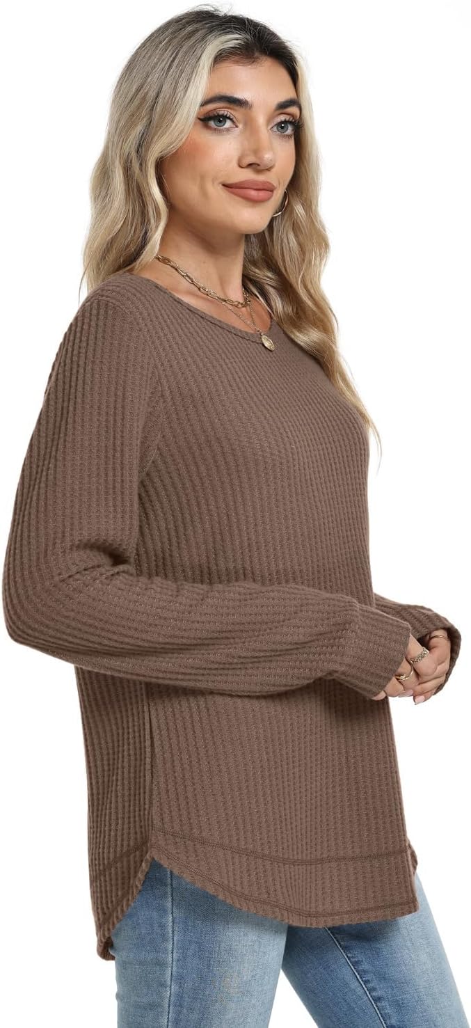 WIHOLL Tunic Tops for Women Loose Fit Dressy Waffle Knit Long Sleeve Shirts Trendy Fall Fashion Crewneck Sweaters Curved Hem - Image 4