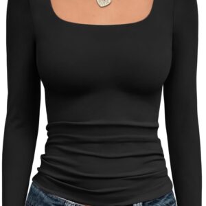 Trendy Queen Womens Long Sleeve Shirts Crop Tops Fall Fashion Solid Square Neck Going Out Basics Tees Y2k Clothes
