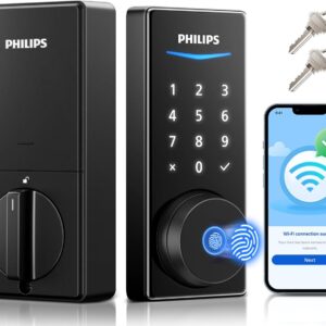 Philips Built-in WiFi Smart Lock, Keyless Entry Door Lock with App, Touchscreen, Indicator Light, Fingerprint Door Lock — Compatible with Alexa & Google, Splash-Proof Design, Includes 8 Batteries