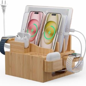 Pezin & Hulin Multiple USB Charging Station, Wooden Bamboo Dock Station for Cell Phones, Tablets, Earpods and Smart Watch, Including Power Charger HUB, 5 Cables -Natural Bamboo
