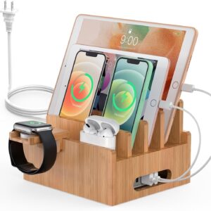 Pezin & Hulin Bamboo Charging Station for Multiple Devices with 5 Port USB Charger, 5 Cables, Smart Watch & Earbuds Stand, Desk Docking Stations Electronic Organizer for Cell Phone, Tablet