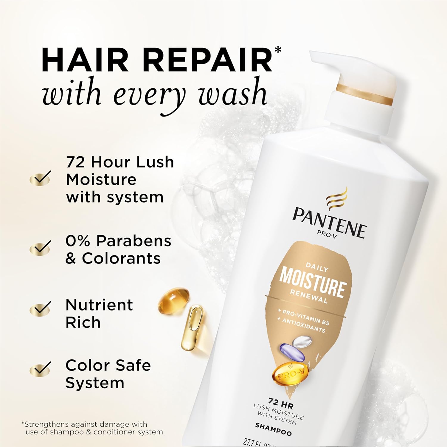 Pantene Shampoo, Daily Moisture Renewal - Pro-V Nutrients for Dry, Color-Treated, Straight to Curly Hair, 72-Hour Hydration & Softness, Paraben Free, Cleanses, Strengthens Bonds, 27.7 Fl Oz - Image 2
