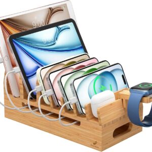 Pezin & Hulin Bamboo Charging Station with Watch Stand, Docking Holder for Multi Device with 5 Charge Cables, Desktop Dock Stations Electronic Organizer for Cellphone, Tablet, Watch-Natural Bamboo