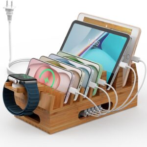 Pezin & Hulin Bamboo Charging Station Holder with 5 Port USB Charger, 5 x Charge Cables, Watch Stand, Wood Docking Stand Electronic Organizer for Multiple Devices, Phones, Tablets and More