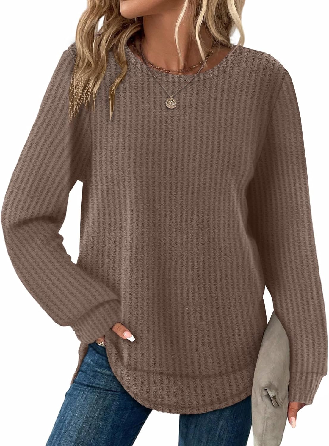 WIHOLL Tunic Tops for Women Loose Fit Dressy Waffle Knit Long Sleeve Shirts Trendy Fall Fashion Crewneck Sweaters Curved Hem