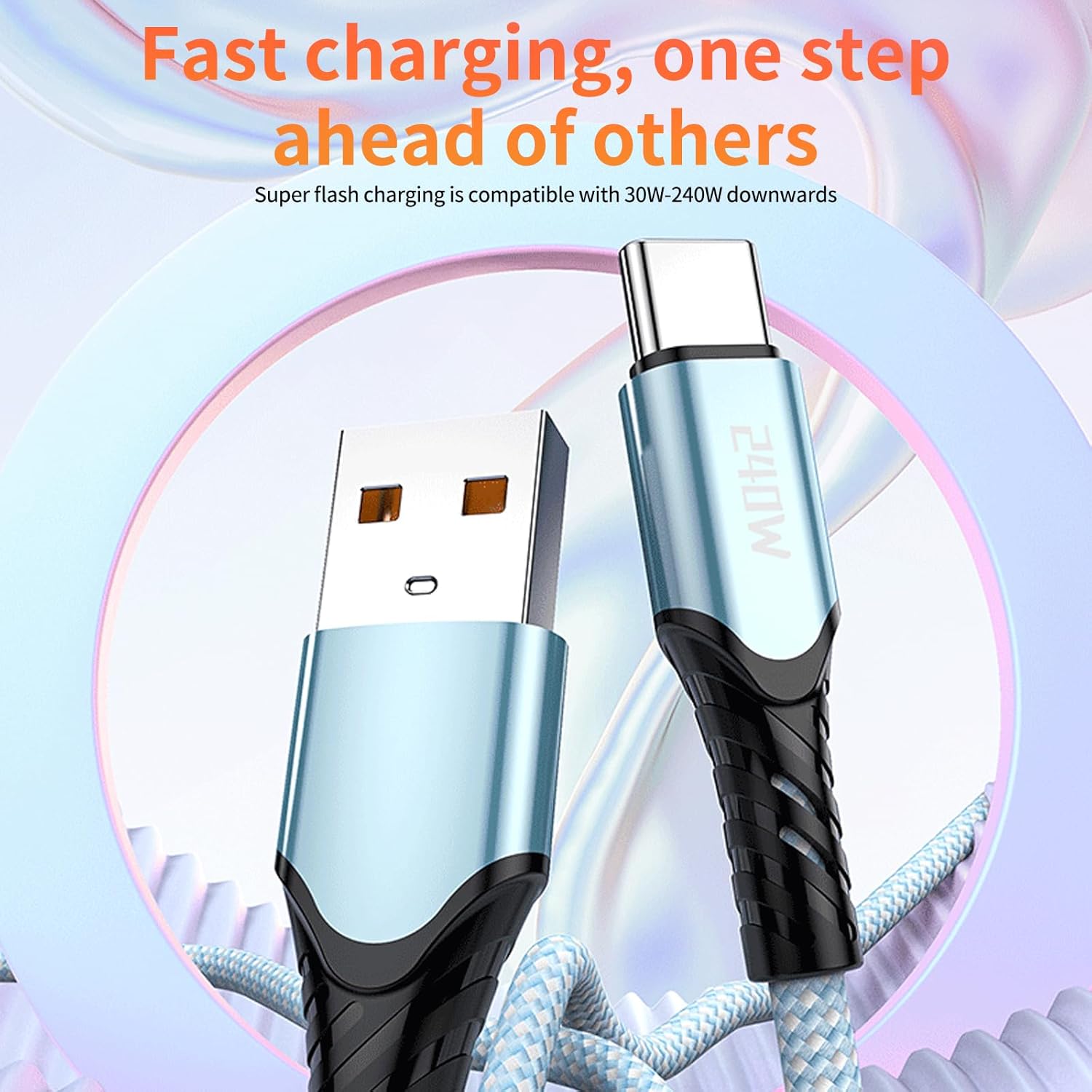 3pcs USB A to USB C Charging Cable 100W Charger Cord, Smart Matching for Type-C Devices (Purple,Blue,Black,3ft Nylon-Braided) - Image 2