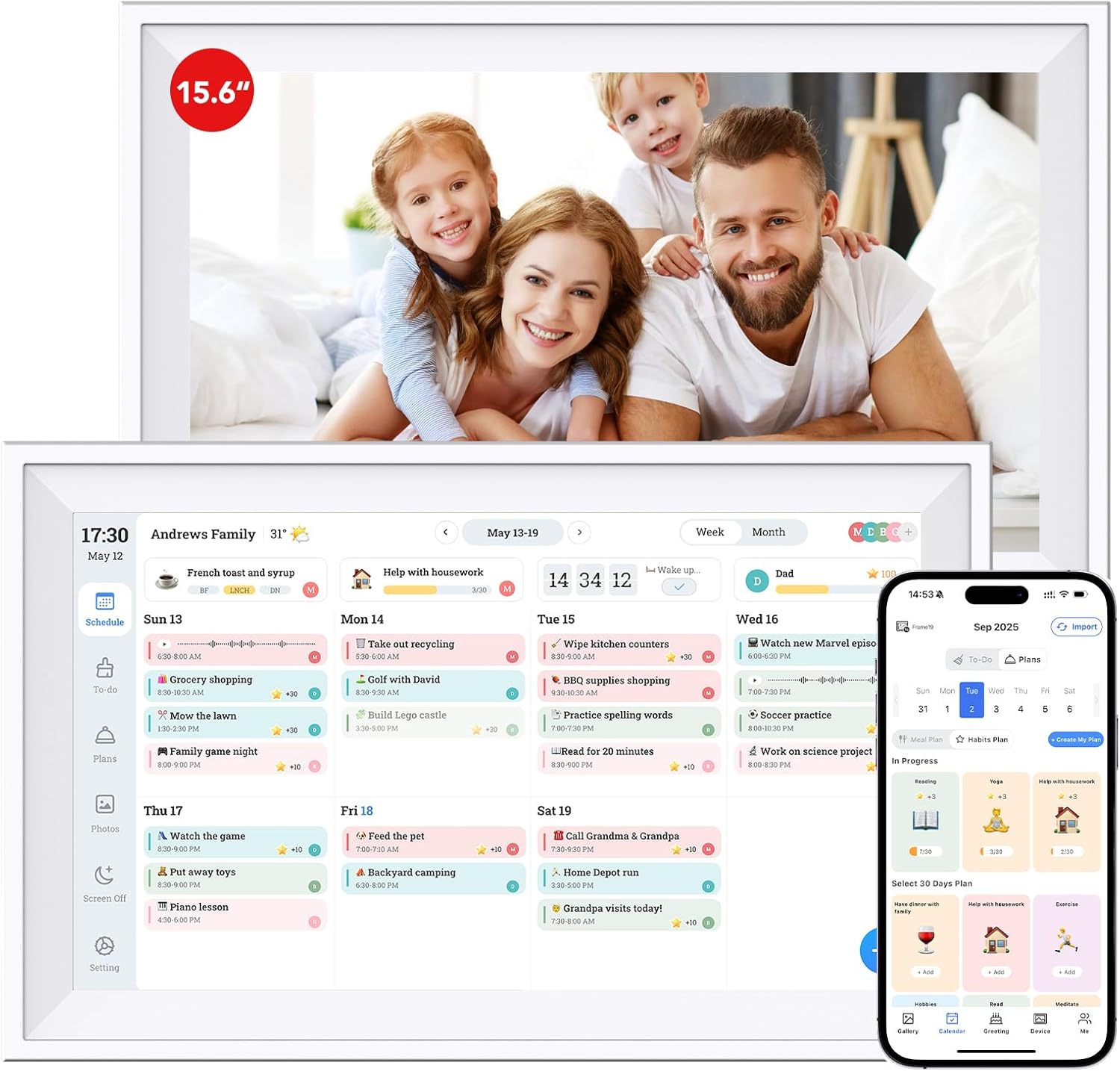 Digital Calendar 15.6 inch ECalendar Planner Wall Touch Screen, Electronic Calendars for Family Organizer, Smart Chore Chart Sync with Phone by App for Meal Planner, Photo Share Stand & Wall Mount