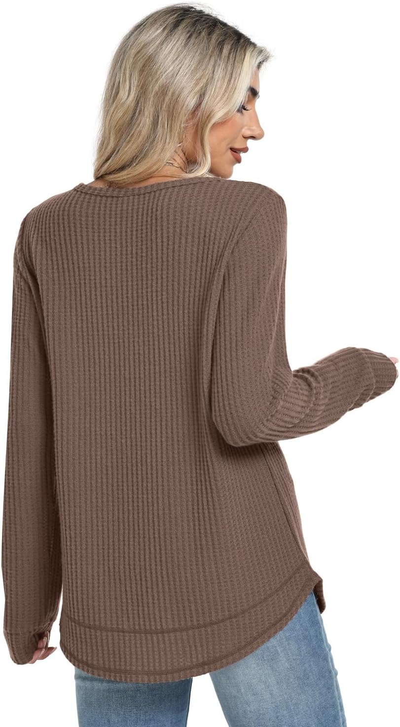 WIHOLL Tunic Tops for Women Loose Fit Dressy Waffle Knit Long Sleeve Shirts Trendy Fall Fashion Crewneck Sweaters Curved Hem - Image 5