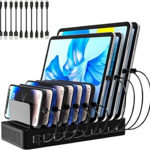 RISWOJOR Charging Station for Multiple Devices, 100W 10 Ports Charging Dock with 10 Cables Smart IC Tech and Adjustable Dividers Type-C，Multi USB Charger for iPhone Galaxy iPad Tablet，Black