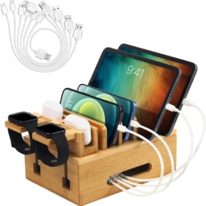 Bamboo Charging Stations for Multi Devices, Wood Desktop Docking Station Charger Organizer for Cell Phones, Tablets, Earphones, Watch (Includes 6 Charging Cables) (No Power Supply)