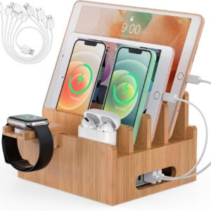 Pezin & Hulin Cell Phone Charging Stations, Bamboo Dock Organizer for Multi Devices, Tablets, Smart Watch, with Pack 5 Cables, No Power Charger Supply