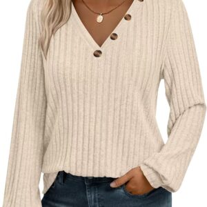 Bliwov Womens Long Sleeve Shirts Fall Fashion Outfits V Neck Button Tops Casual Loose Winter Sweaters Blouses Tunic Clothes