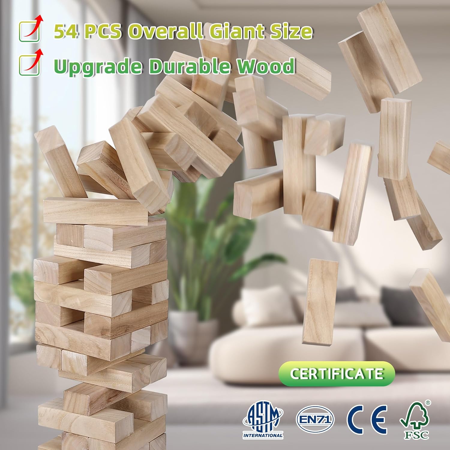 GOTHINK Giant Tumble Tower Game, Large Tumbling Tower Stacking to Over 5 FT 54pcs Wooden Jumbo Blocks for Outside Yard Games with Carry Case Timber Stacking Game Night Toy Gift for Kids Adults Family - Image 7