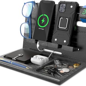 BarvA Two Phone Docking Station | Night Stand Desk Organizer | Wood Nightstand Organizer | Tablet Smart Watch Earbuds Charging Station | Upgraded Dresser Phone Stand | Bed Room Decor Gifts for Men
