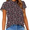 SimpleFun Women Boho Shirts Floral Ruffle Short Sleeve Mock Neck Flowy Casual Summer Blouses Tops