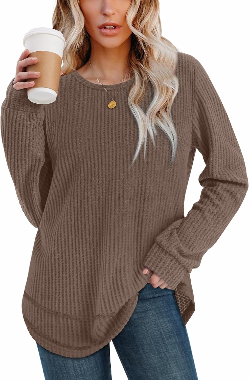 WIHOLL Tunic Tops for Women Loose Fit Dressy Waffle Knit Long Sleeve Shirts Trendy Fall Fashion Crewneck Sweaters Curved Hem - Image 2