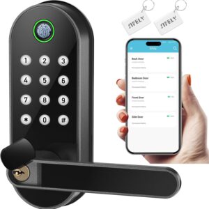 Fingerprint Smart Door Lock with Handle & Keypad – Bluetooth Keyless Entry for Front Door, Home, Kids, Guests, Airbnb & Rental, App + Code Access, Compatible with Alexa & Google, Easy DIY Install