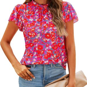 SimpleFun Women Boho Shirts Floral Ruffle Short Sleeve Mock Neck Flowy Casual Summer Blouses Tops