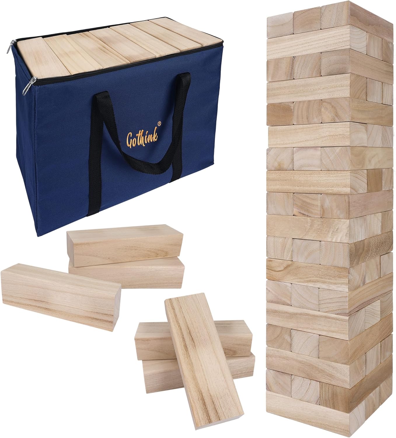 GOTHINK Giant Tumble Tower Game, Large Tumbling Tower Stacking to Over 5 FT 54pcs Wooden Jumbo Blocks for Outside Yard Games with Carry Case Timber Stacking Game Night Toy Gift for Kids Adults Family