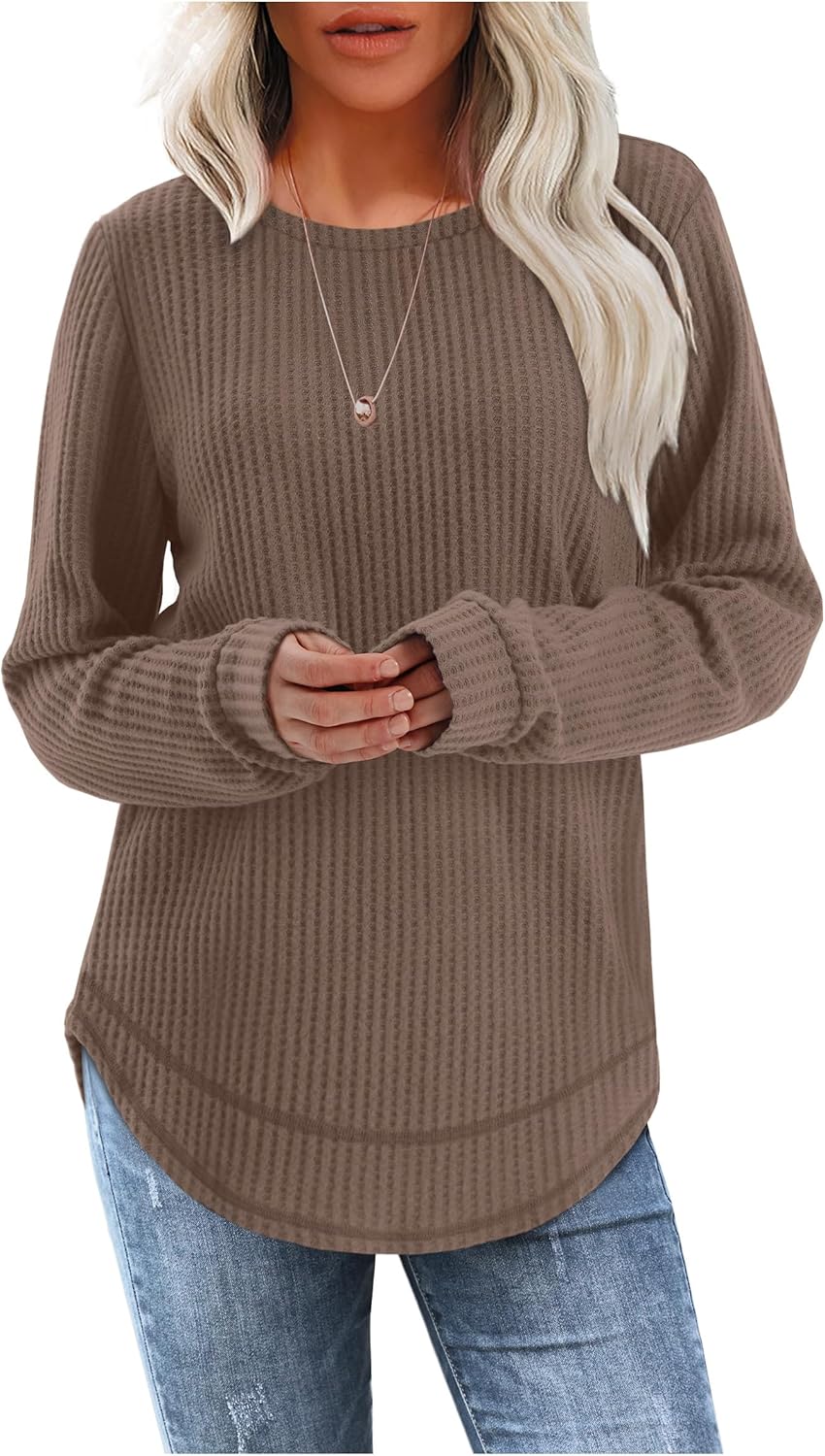 WIHOLL Tunic Tops for Women Loose Fit Dressy Waffle Knit Long Sleeve Shirts Trendy Fall Fashion Crewneck Sweaters Curved Hem - Image 3