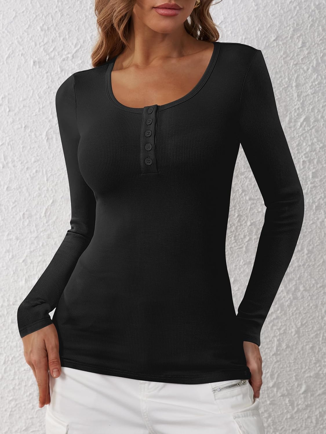 ANRABESS Women's Long Sleeve Henley Tops Ribbed Knit Slim Fitted Trendy T Shirt Basic Tees Layer 2025 Fall Fashion Outfits - Image 5