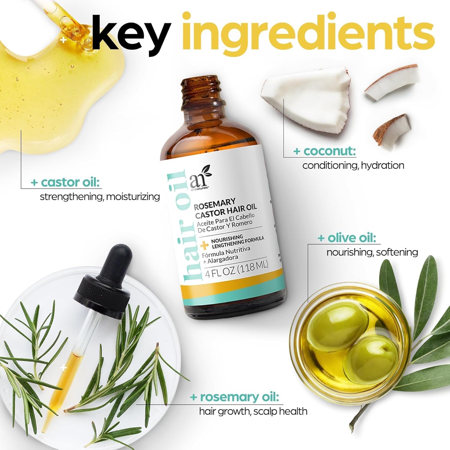 Artnaturals Organic Rosemary Castor Hair Oil + Massager Hair Growth Set Hair Growth Oil 4 ounces with Coconut & Olive Oil for Dry, Damaged & Split End - Image 5