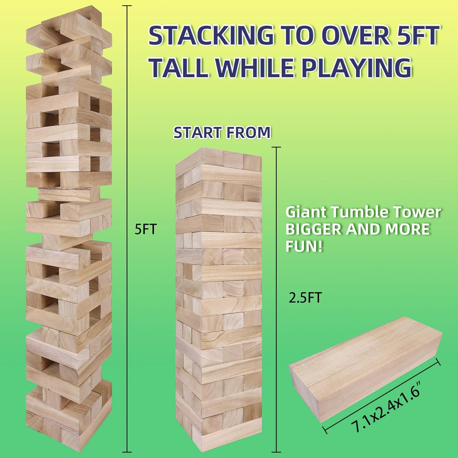 GOTHINK Giant Tumble Tower Game, Large Tumbling Tower Stacking to Over 5 FT 54pcs Wooden Jumbo Blocks for Outside Yard Games with Carry Case Timber Stacking Game Night Toy Gift for Kids Adults Family - Image 2