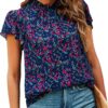 SimpleFun Women Boho Shirts Floral Ruffle Short Sleeve Mock Neck Flowy Casual Summer Blouses Tops
