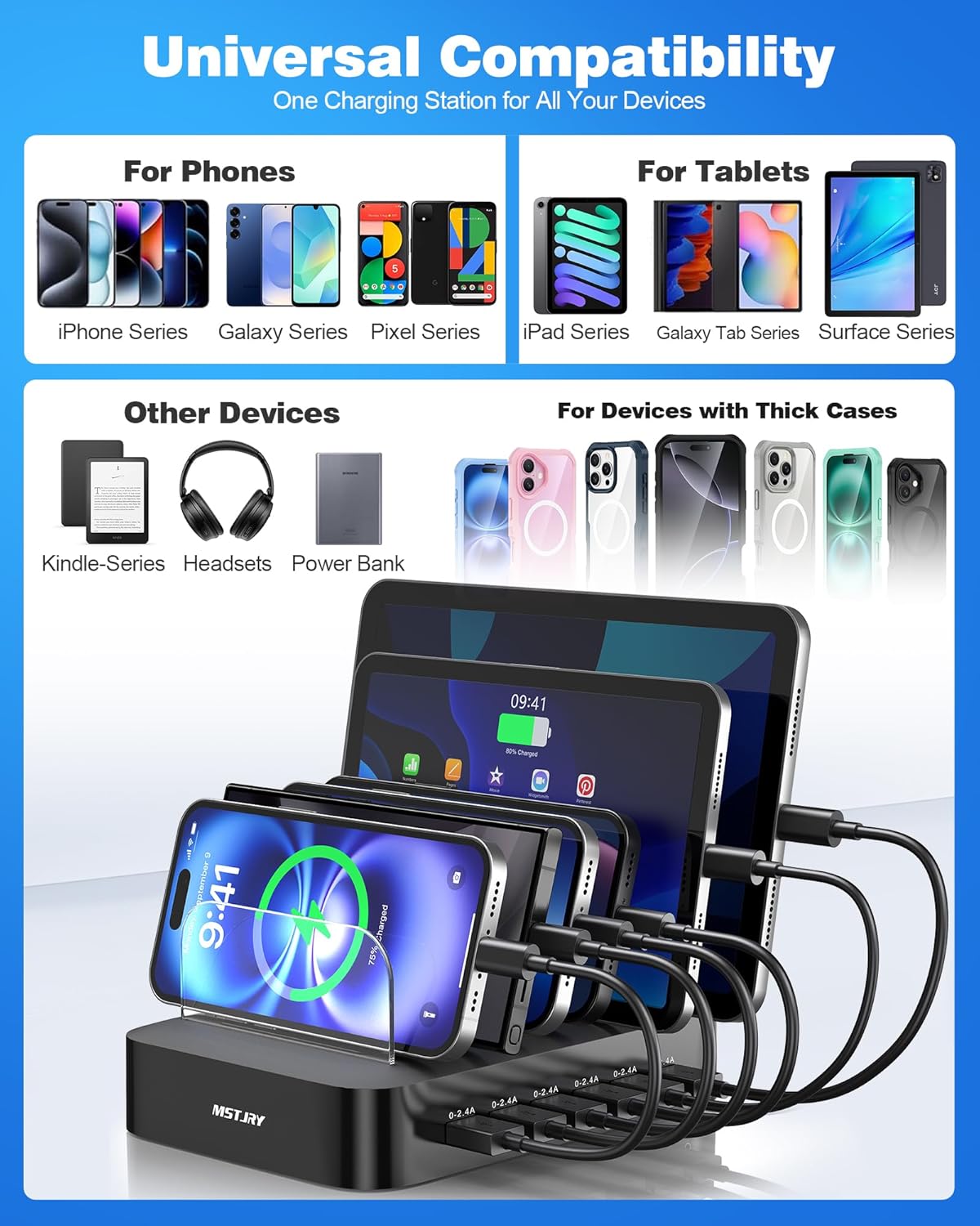 MSTJRY Charging Station for Multiple Devices : 6 Port USB Charger Stations - Family Multi-Device Organizer Charging Dock - Designed for iPhone iPad Android Cell Phone Tablet and Electronic, Black - Image 6