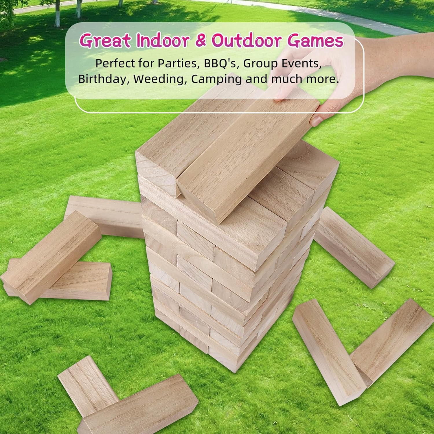 GOTHINK Giant Tumble Tower Game, Large Tumbling Tower Stacking to Over 5 FT 54pcs Wooden Jumbo Blocks for Outside Yard Games with Carry Case Timber Stacking Game Night Toy Gift for Kids Adults Family - Image 8