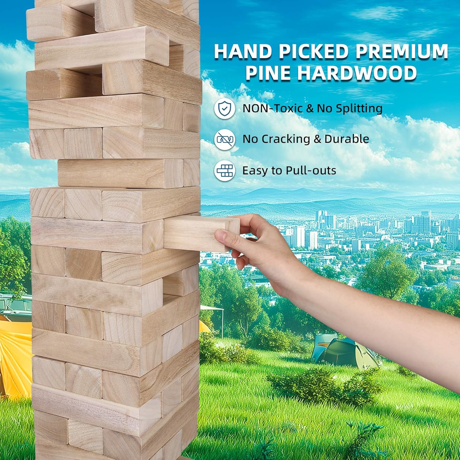 GOTHINK Giant Tumble Tower Game, Large Tumbling Tower Stacking to Over 5 FT 54pcs Wooden Jumbo Blocks for Outside Yard Games with Carry Case Timber Stacking Game Night Toy Gift for Kids Adults Family - Image 5