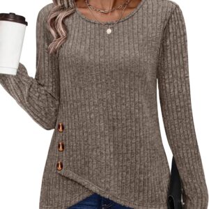 XIEERDUO Tunic Sweaters for Women Long Sleeve Shirts Crew Neck Tops with Buttons Fall Fashion Outfits Winter Clothing