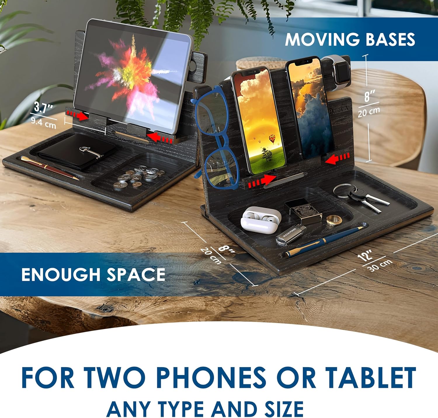 BarvA Two Phone Docking Station | Night Stand Desk Organizer | Wood Nightstand Organizer | Tablet Smart Watch Earbuds Charging Station | Upgraded Dresser Phone Stand | Bed Room Decor Gifts for Men - Image 3