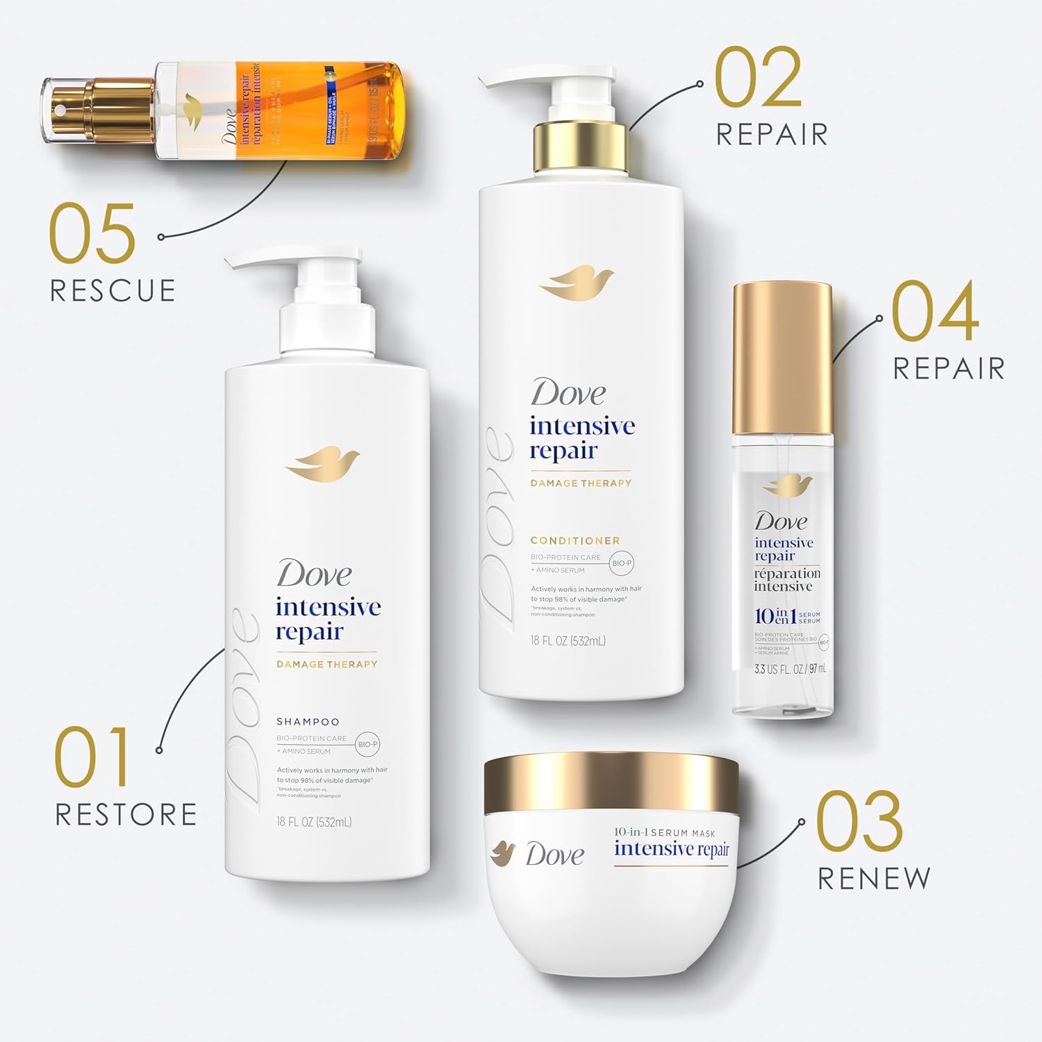 Dove Damage Therapy Intensive Repair with Amino Serum Bi-Phase Serum + Oil Hair Spray for Shine, Frizz Control, and Split Ends 3.9 oz - Image 9