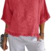 Womens Flowy Edge Casual Tops Summer Short Sleeve Loose Fit Shirts Simple Round Neck Baggy Solid Color Blouses