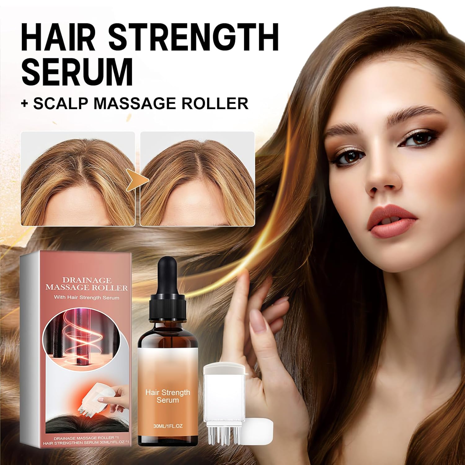 Hair Oil + Scalp Massage Roller Set, Hair Care Oil with Castor Oil and Mineral Oil, Hair Strength Serum Oil for Dry, Damaged & Split Ends, 30ML (1Fl Oz) - Image 2