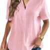 Zeagoo Women Linen Button Down Shirt Rolled Cuffed Short Sleeve Blouse Ladies Summer Casual V Neck Beach Cotton Tops