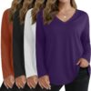 4 Pack Women's Plus Size T Shirts Long Sleeve V Neck Tops Basic Loose Fit Curved Hem Tunic Clothes