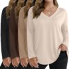 4 Pack Women's Plus Size T Shirts Long Sleeve V Neck Tops Basic Loose Fit Curved Hem Tunic Clothes