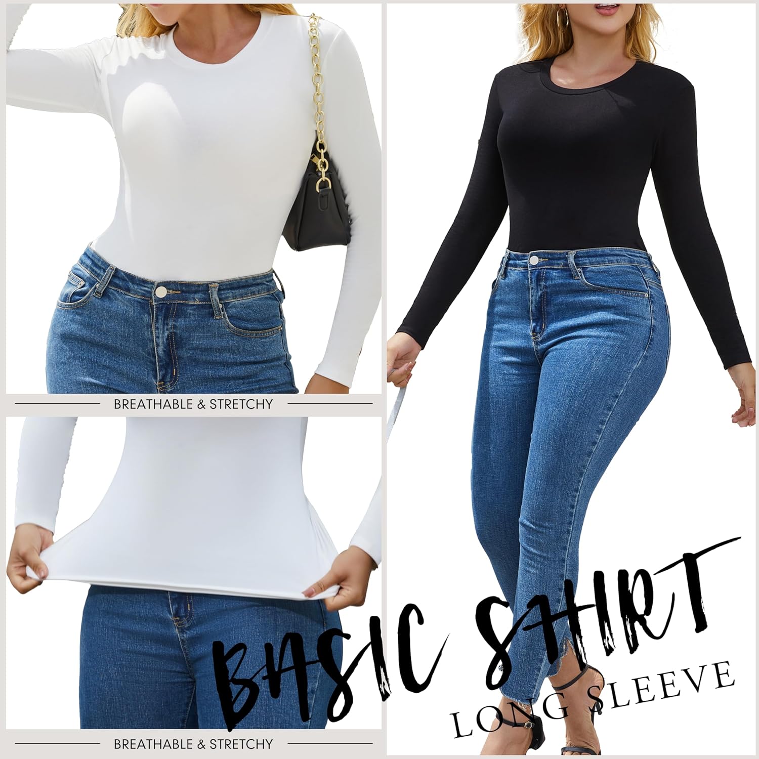 5 Pack Long Sleeve Shirts for Women Crew Neck Basic T Shirt Fall Stretch Tight Fitted Thermal Shirts Fashion Tops - Image 4