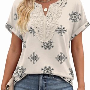 Sipaya Womens Blouses Dressy Casual Summer Shirts Short Sleeve Lace Front Boho Tunic Tops for Leggings Fashion Clothes