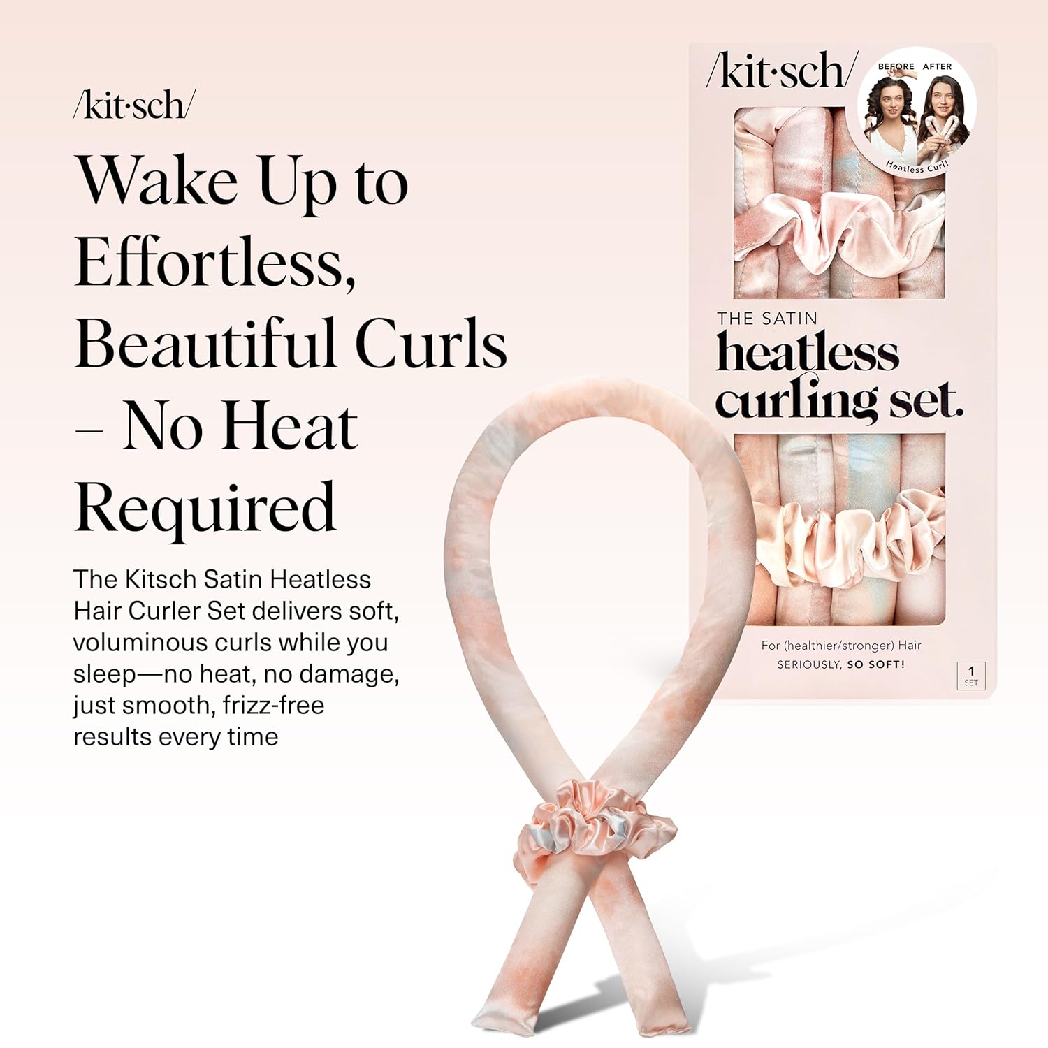 Kitsch Satin Heatless Curling Set – Heatless Curls Overnight with 34" Hair Curler & 2 Satin Scrunchies – Comfortable Hair Curlers to Sleep In for Frizz-Free, No Heat Damage Styling - Sunset Tie Dye - Image 2