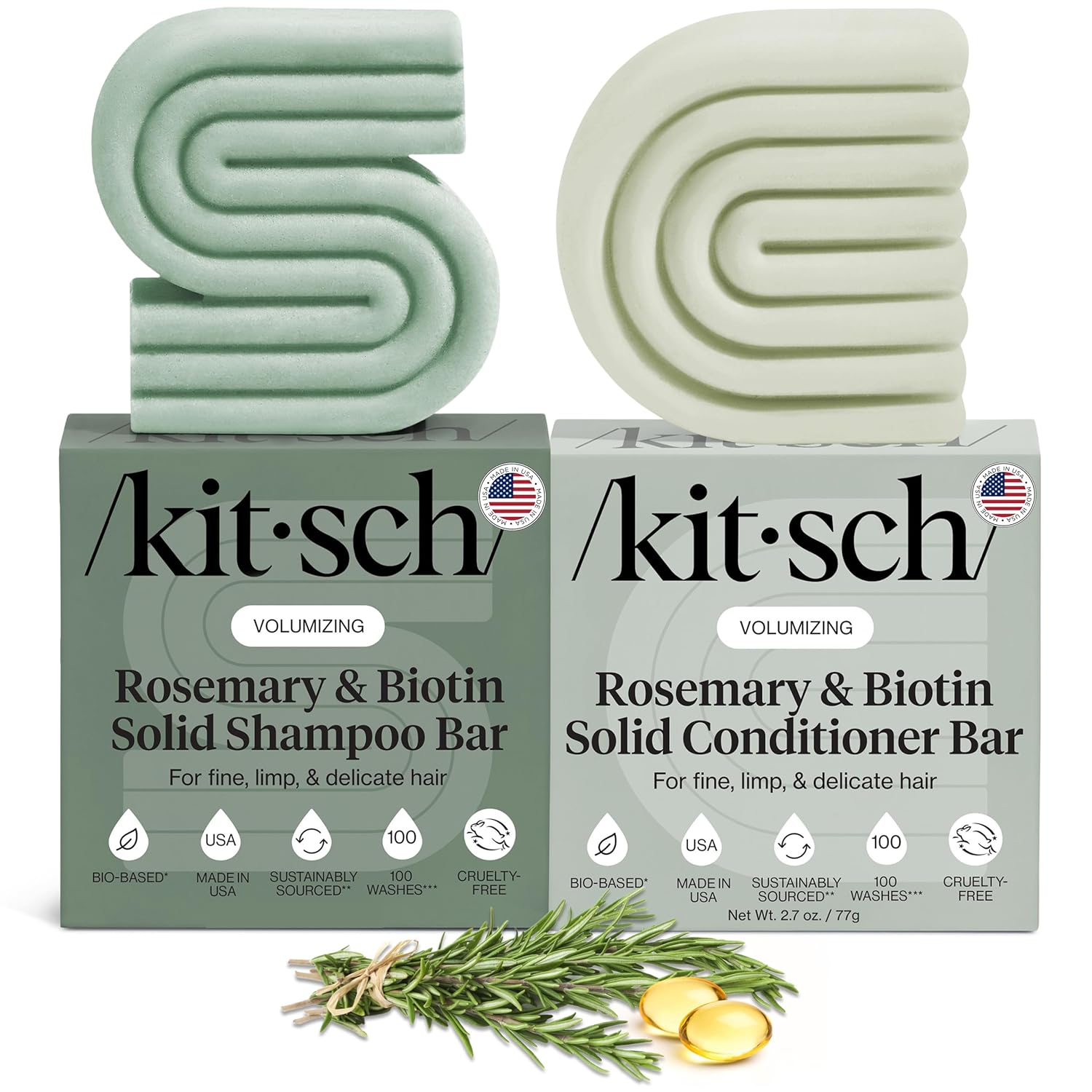 Kitsch Rosemary & Biotin Shampoo and Conditioner Set for Hair Growth - Strengthening, Thickening & Volumizing Shampoo and Conditioner Bar - Paraben, Sulfate & Silicone Free - Made in USA - 2 pack