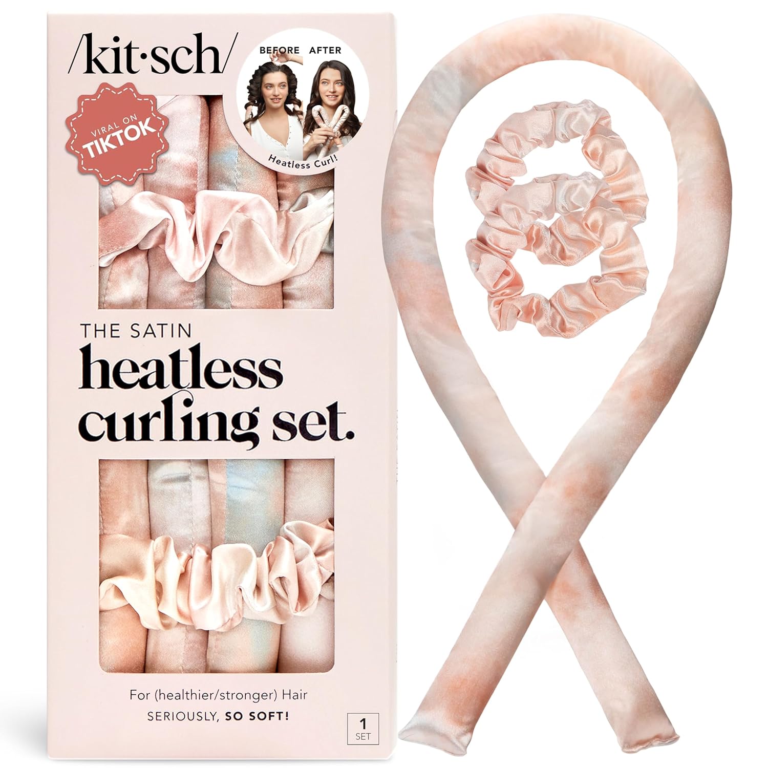 Kitsch Satin Heatless Curling Set – Heatless Curls Overnight with 34" Hair Curler & 2 Satin Scrunchies – Comfortable Hair Curlers to Sleep In for Frizz-Free, No Heat Damage Styling - Sunset Tie Dye