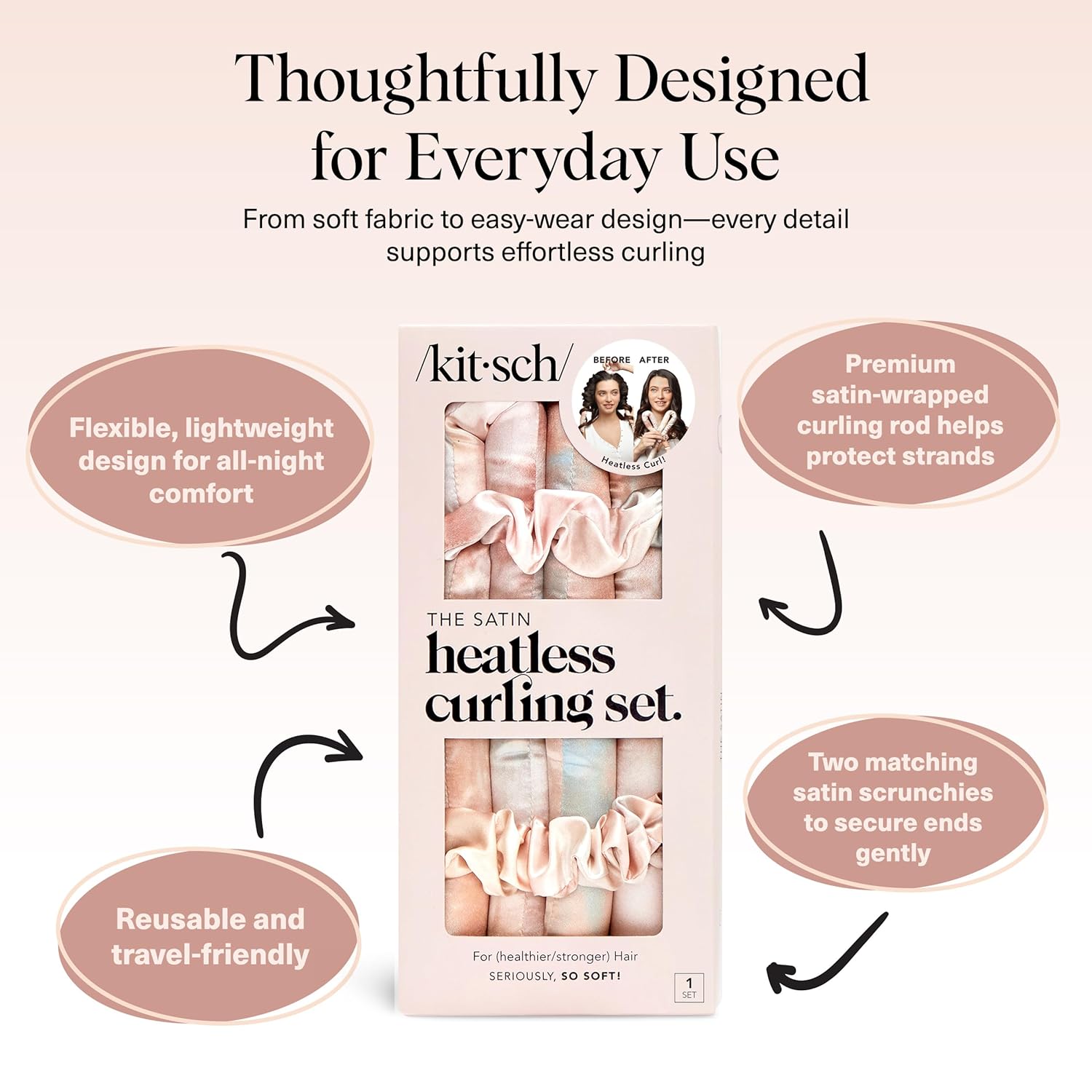 Kitsch Satin Heatless Curling Set – Heatless Curls Overnight with 34" Hair Curler & 2 Satin Scrunchies – Comfortable Hair Curlers to Sleep In for Frizz-Free, No Heat Damage Styling - Sunset Tie Dye - Image 4